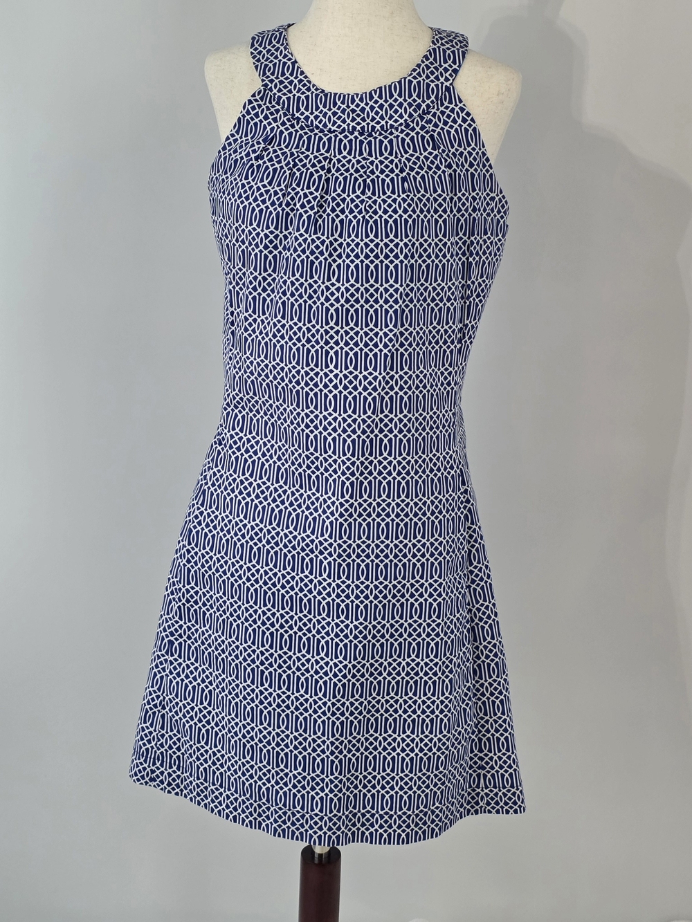 Dizzy Lizzy Halter Neck Sleeveless Navy and White Geometric Print Mini Dress Med